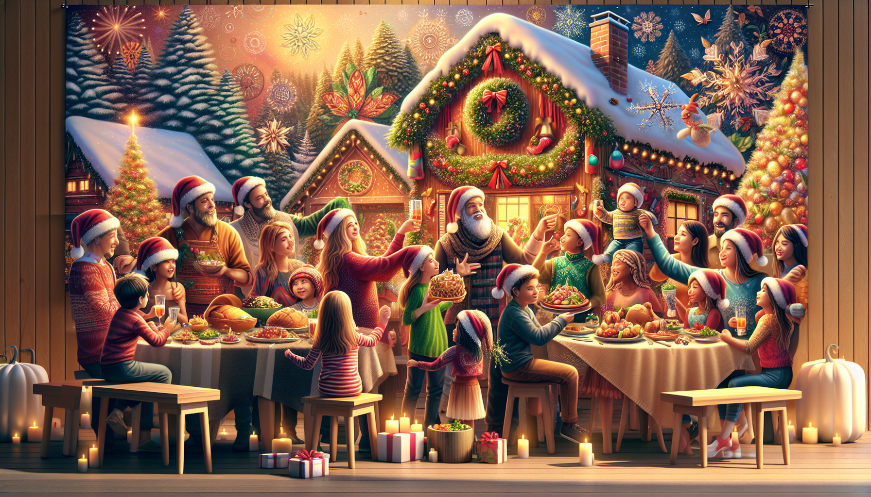 Beautiful holiday house decorations with colorful lights and festive ornaments