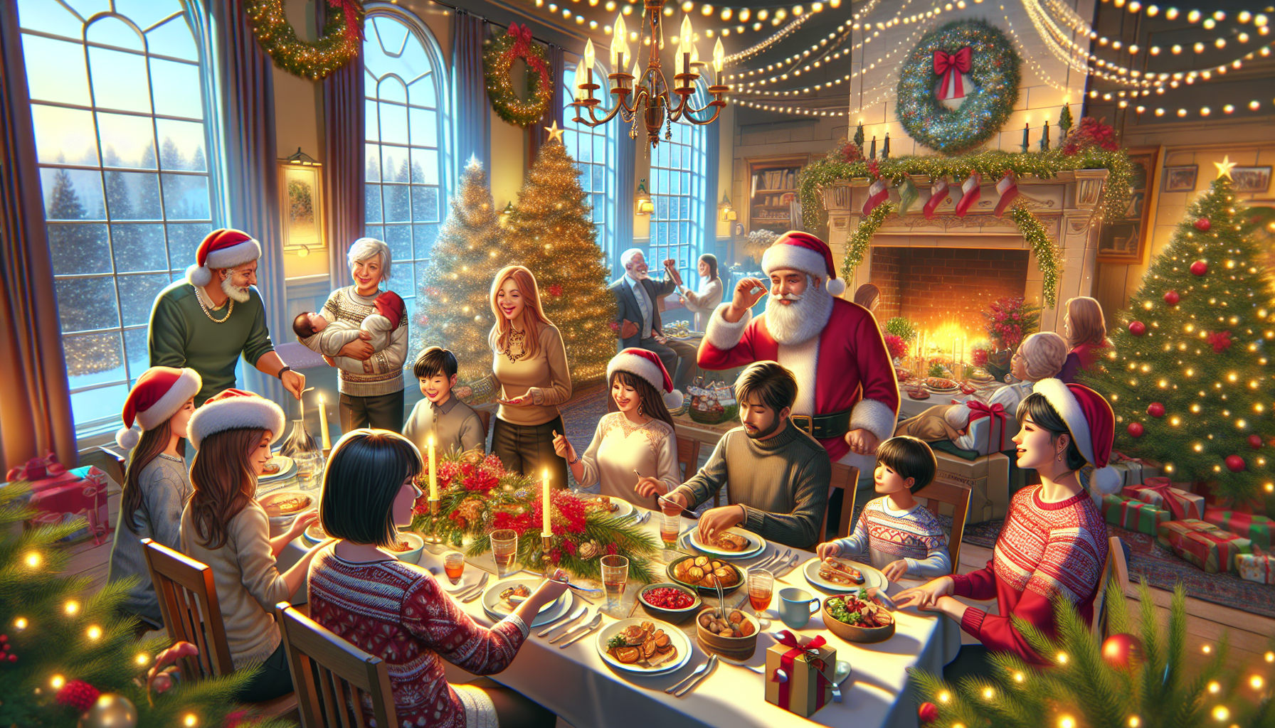 Diverse community members decorating holiday trees and sharing holiday joy together