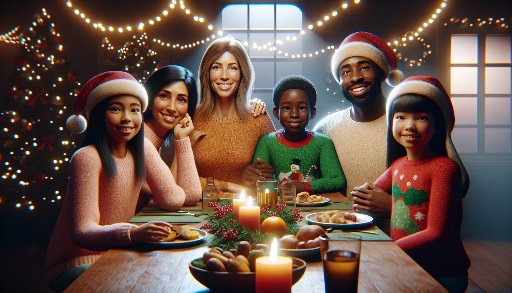 Family gathered around holiday tree, sharing laughter and holiday traditions