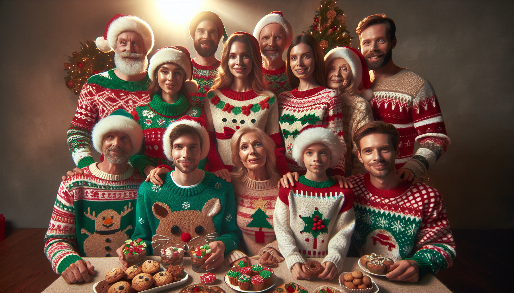 People wearing festive and humorous ugly holiday sweaters