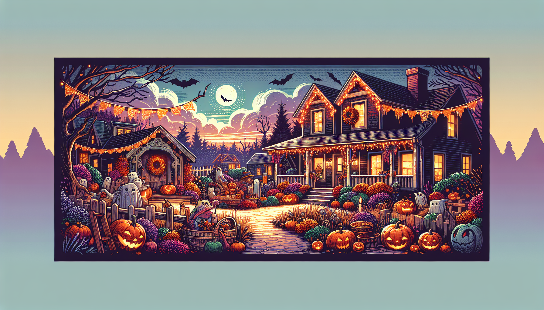 Beautiful holiday house decorations with colorful lights and festive ornaments