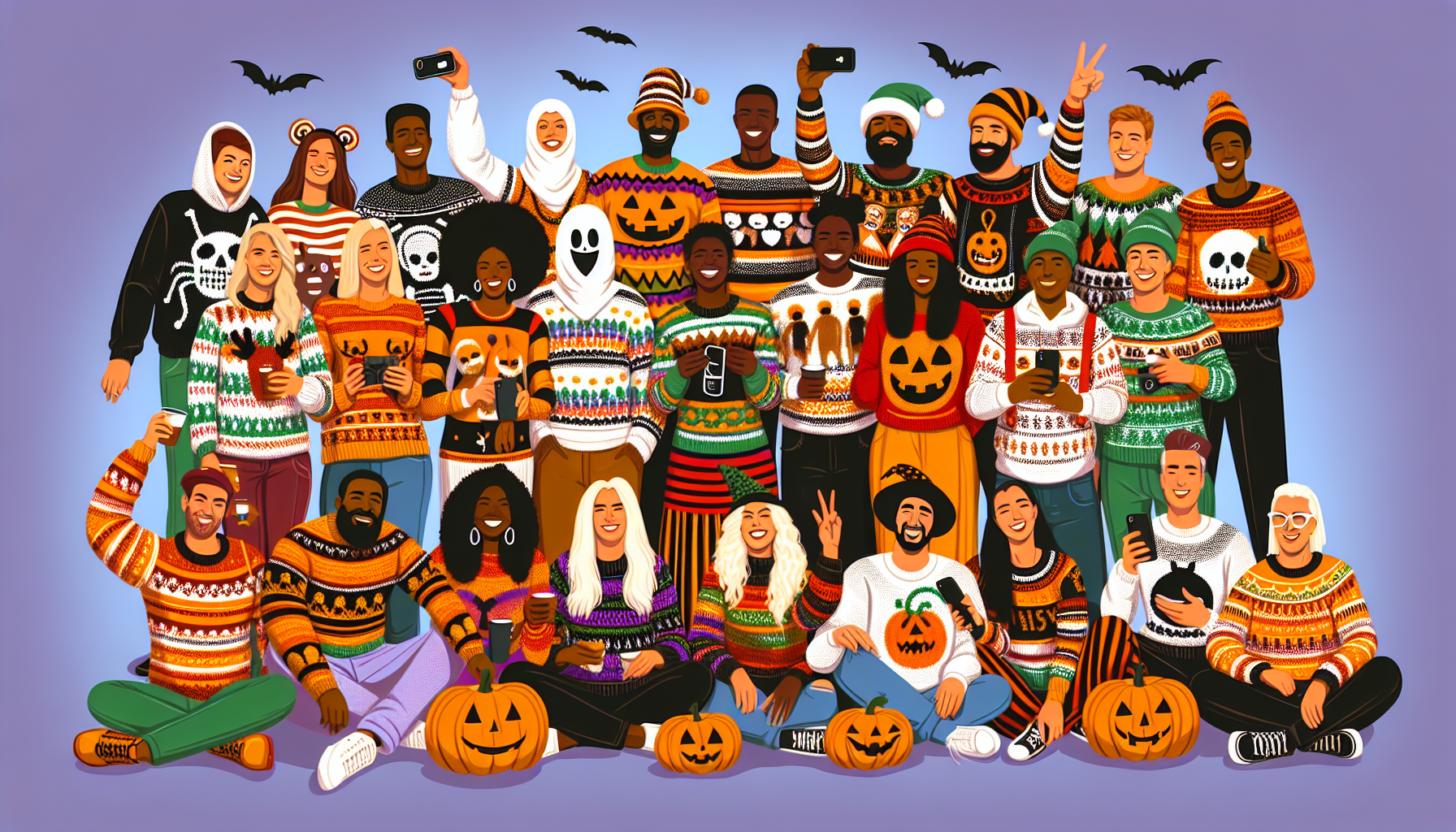 People wearing festive and humorous ugly holiday sweaters