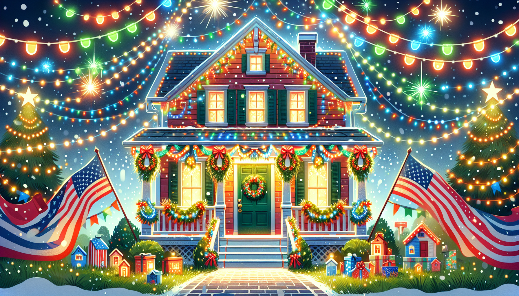 Beautiful holiday house decorations with colorful lights and festive ornaments