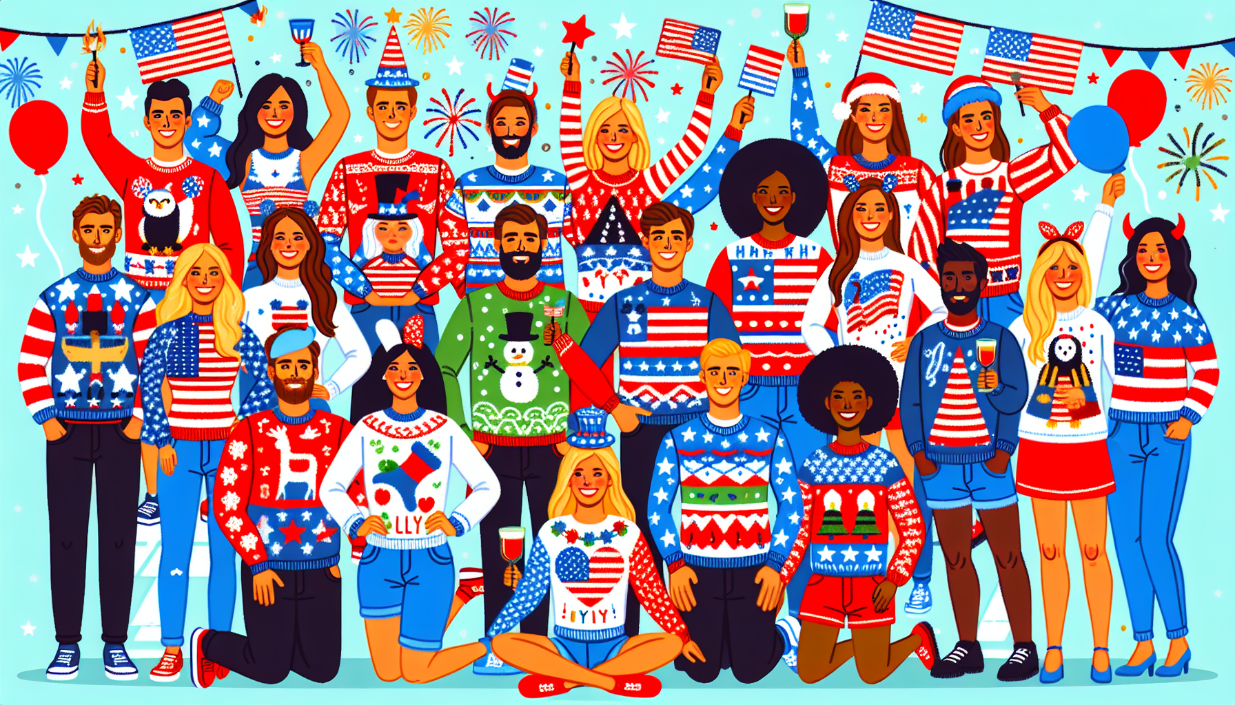People wearing festive and humorous ugly holiday sweaters